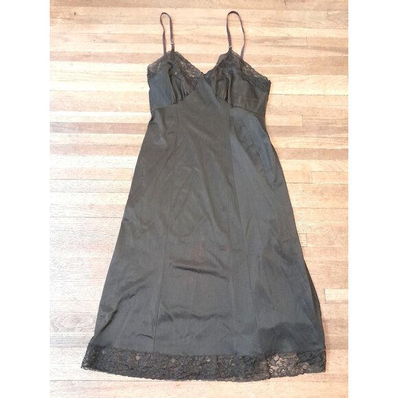 Vintage 50s Silky Nylon Lace Accent Pin Up Full Dress Sz 36 Slip Dark Choc Brown - Picture 6 of 11